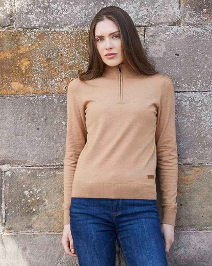 Sienna coloured Ridgeline Womens Melford Knit 1/4 Zip Jumper on grey background 