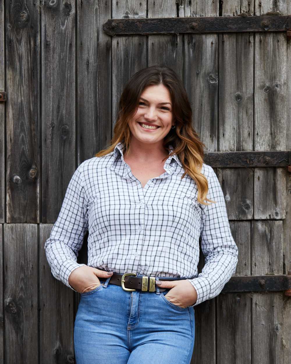 Deep Forest Smokey Olive coloured Ridgeline Womens Sedgebrook Shirt on door background 