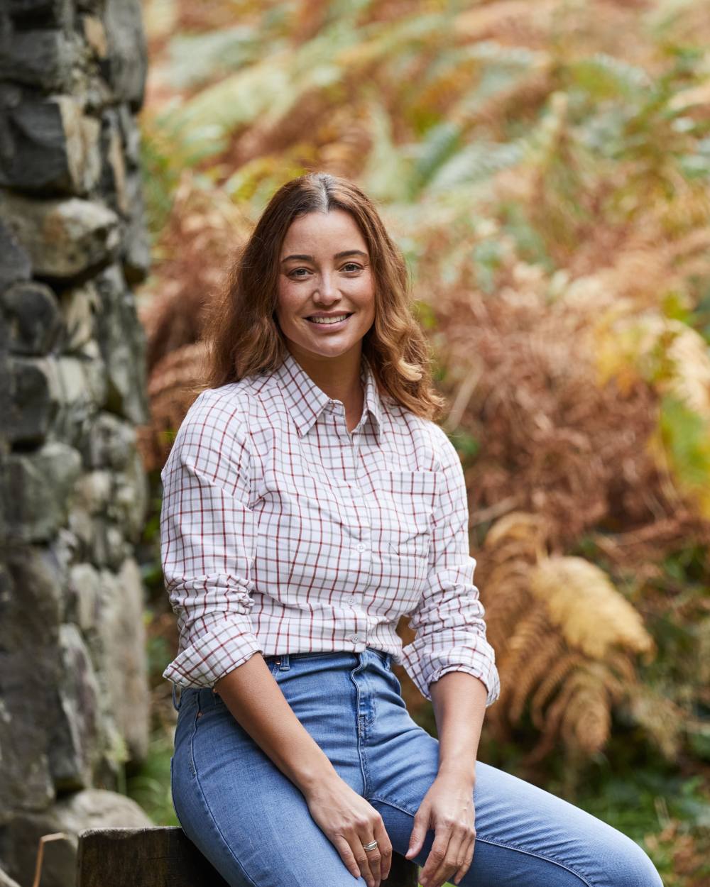 Russet Roasted Cashew coloured Ridgeline Womens Sedgebrook Shirt on backyard background 