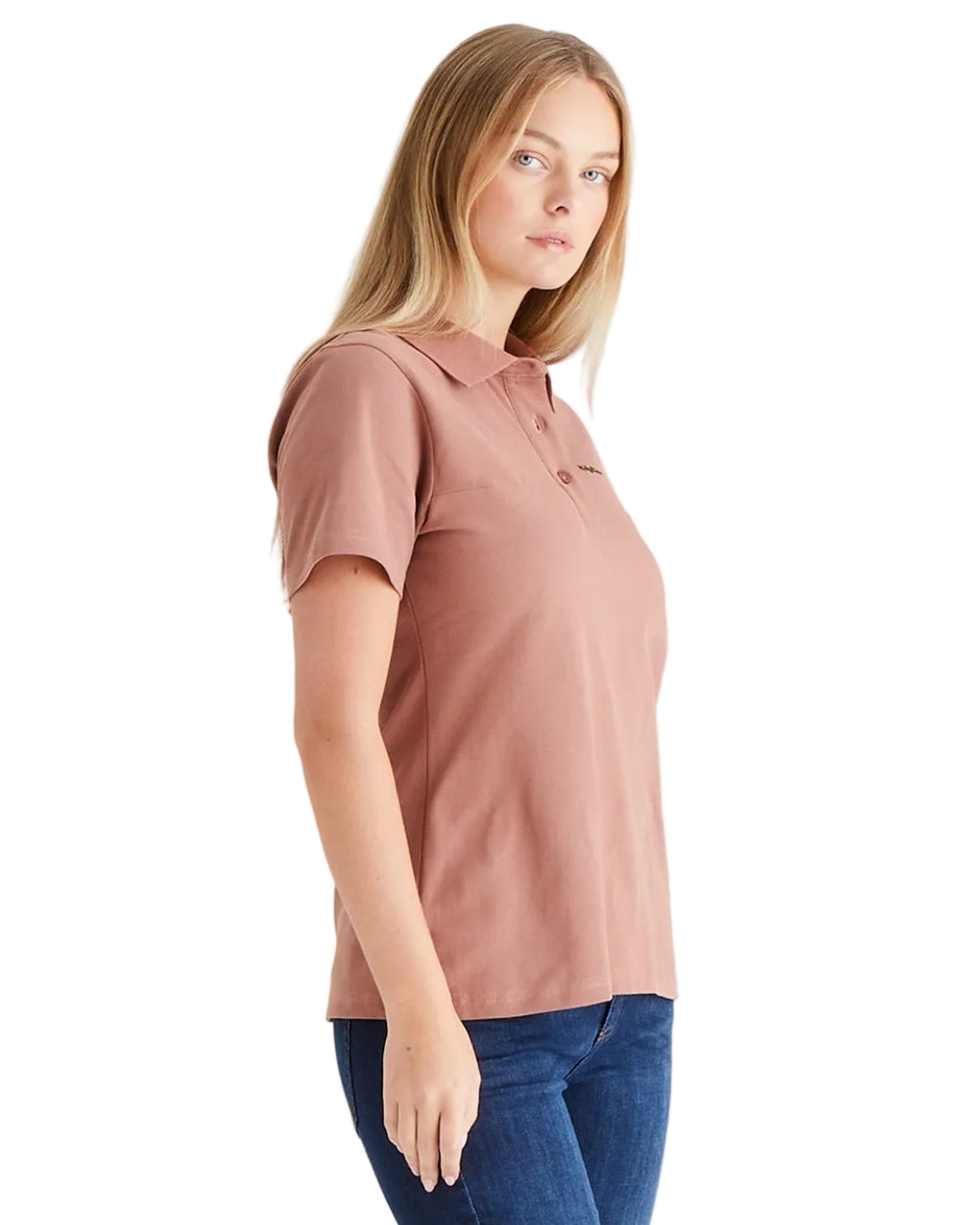 Dusky Pink Coloured Ridgeline Womens Signature Polo Shirt on white background 