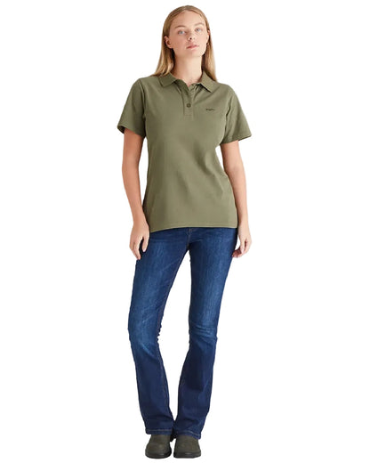 Khaki Green Coloured Ridgeline Womens Signature Polo Shirt on white background 