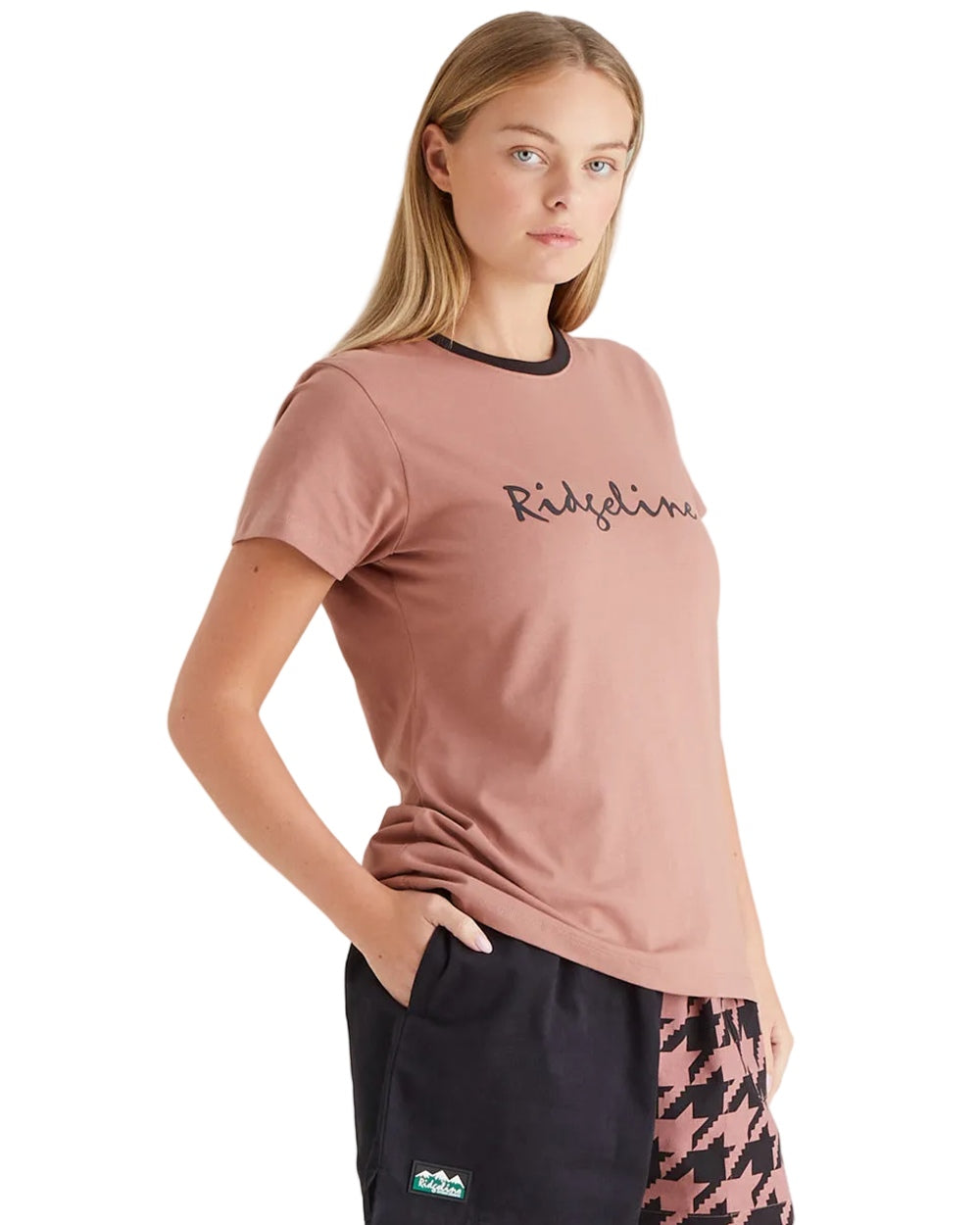 Dusky Pink Coloured Ridgeline Womens Signature T-Shirt on white background 