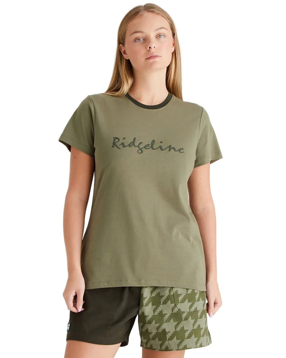 Khaki Green Coloured Ridgeline Womens Signature T-Shirt on white background 