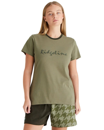 Khaki Green Coloured Ridgeline Womens Signature T-Shirt on white background 