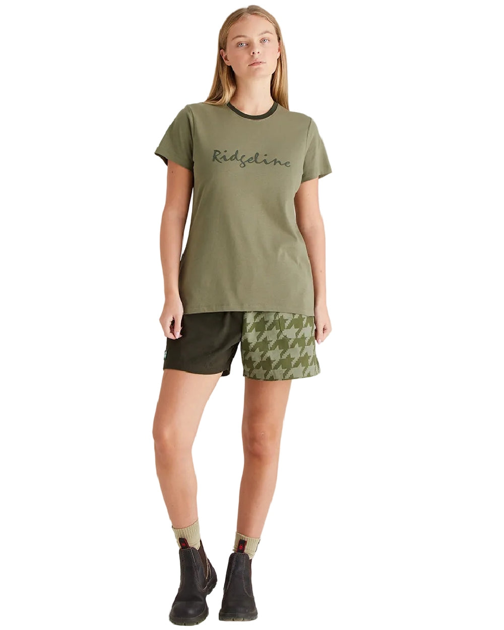 Khaki Green Coloured Ridgeline Womens Signature T-Shirt on white background 