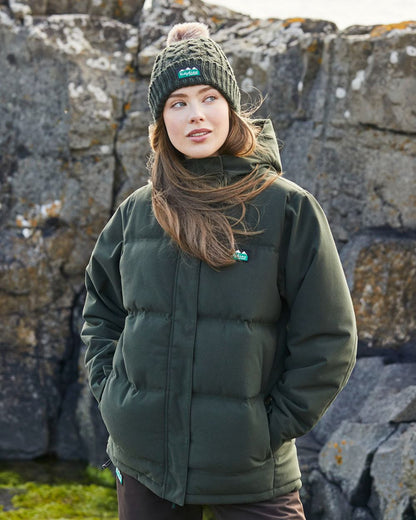 Deep Forest coloured Ridgeline Womens Taiga Thermal Jacket on outdoor  