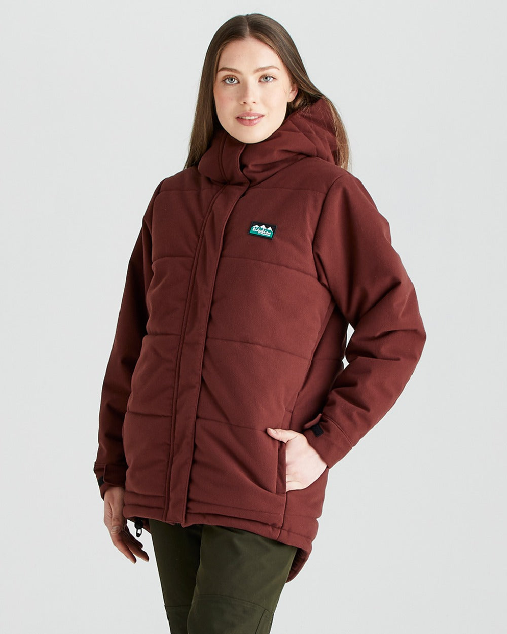 Oxblood coloured Ridgeline Womens Taiga Thermal Jacket on grey background 