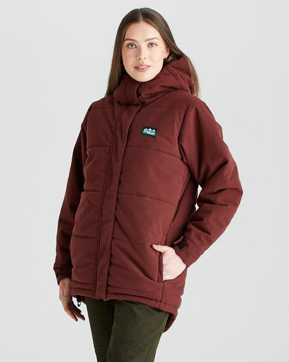 Oxblood coloured Ridgeline Womens Taiga Thermal Jacket on grey background 
