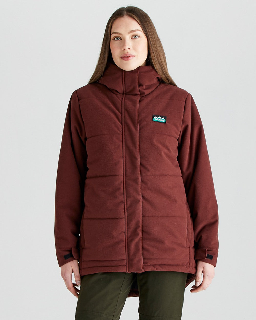 Oxblood coloured Ridgeline Womens Taiga Thermal Jacket on grey background 