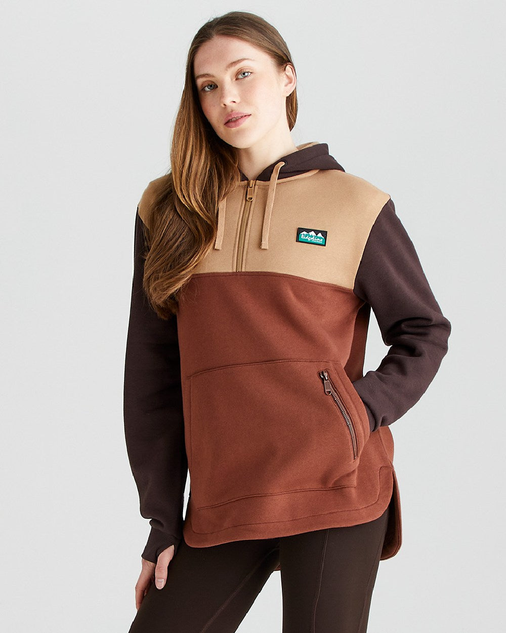Nutmeg coloured Ridgeline Womens Tribe Hoodie on grey background 