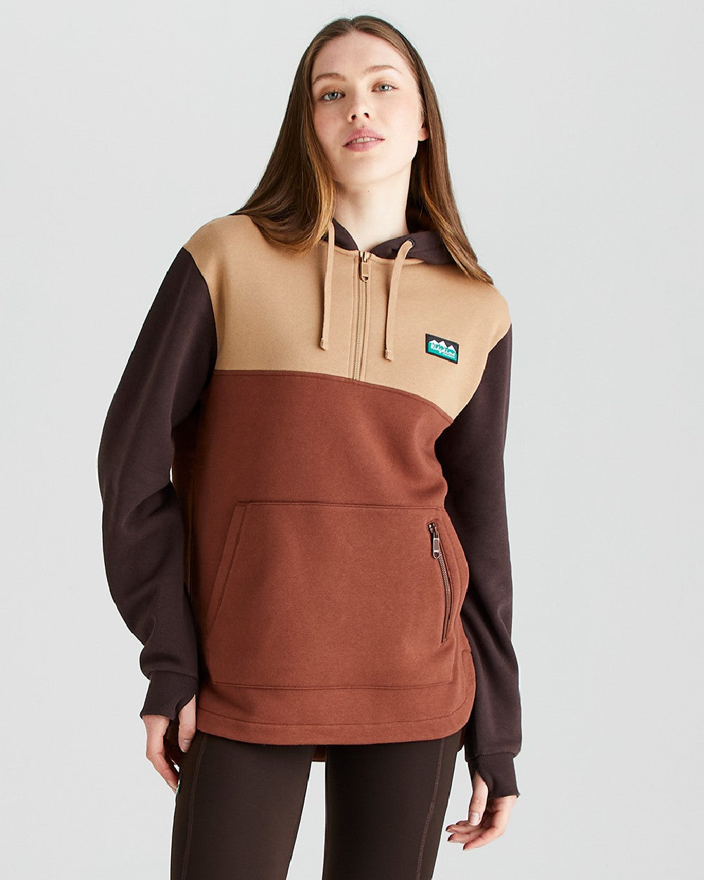 Nutmeg coloured Ridgeline Womens Tribe Hoodie on grey background 