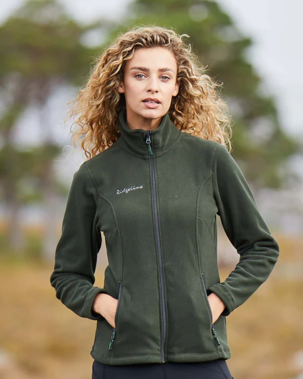 Olive coloured Ridgeline Ladies Hinterland Fleece worn by model outdoors 