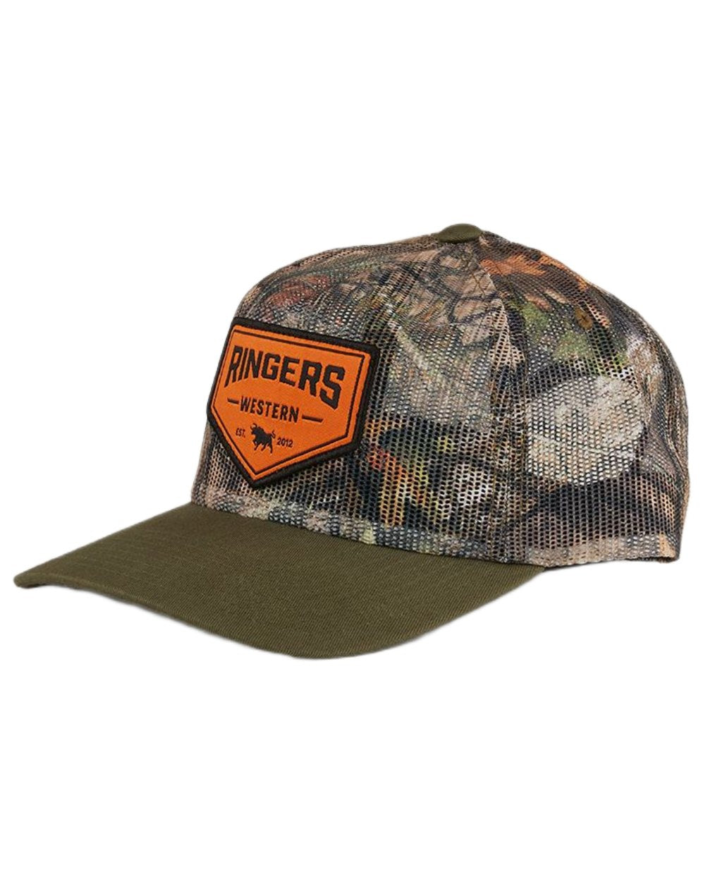 Camo Green coloured Ringers Western Jett Trucker Cap on white background 