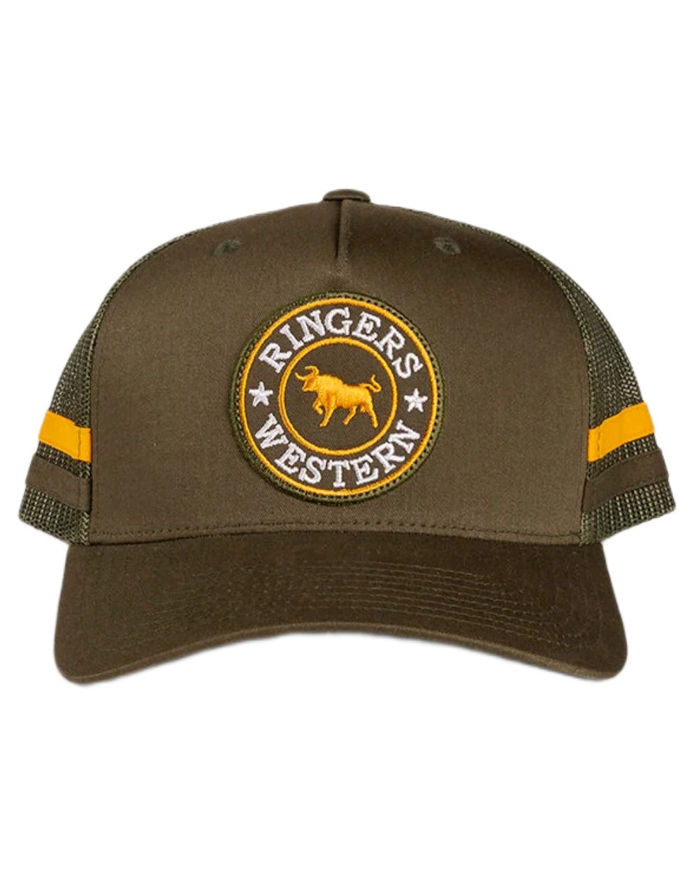 Olive coloured Ringers Western McCoy Trucker Cap on white background 