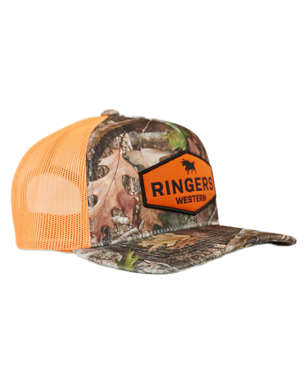 Camo Orange coloured Ringers Western Scotty Trucker Cap on white background 