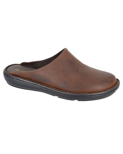 Brown coloured Roamers Mens Brown Leather Stitchdown Clogs on white background 