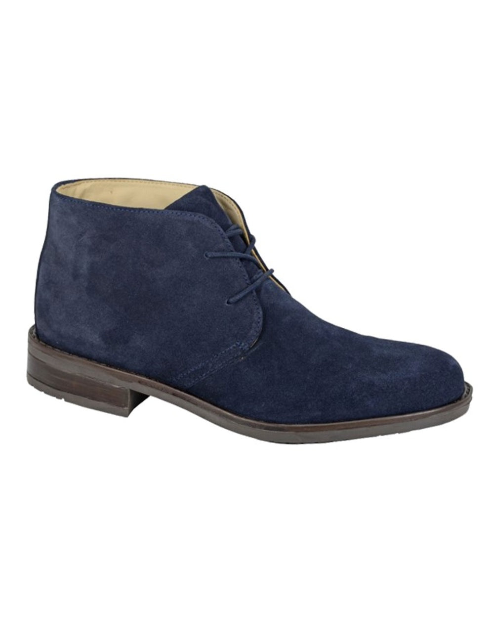 Navy coloured Mens Eyelet Chukka Boots on white
background 