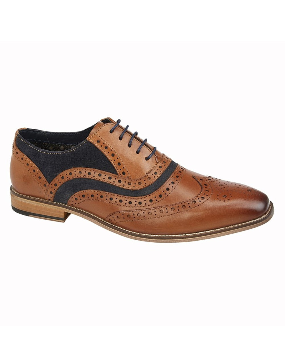 Tan Navy coloured Roamers Mens Tan Leather &amp; Navy Suede Oxford Shoes on white background 