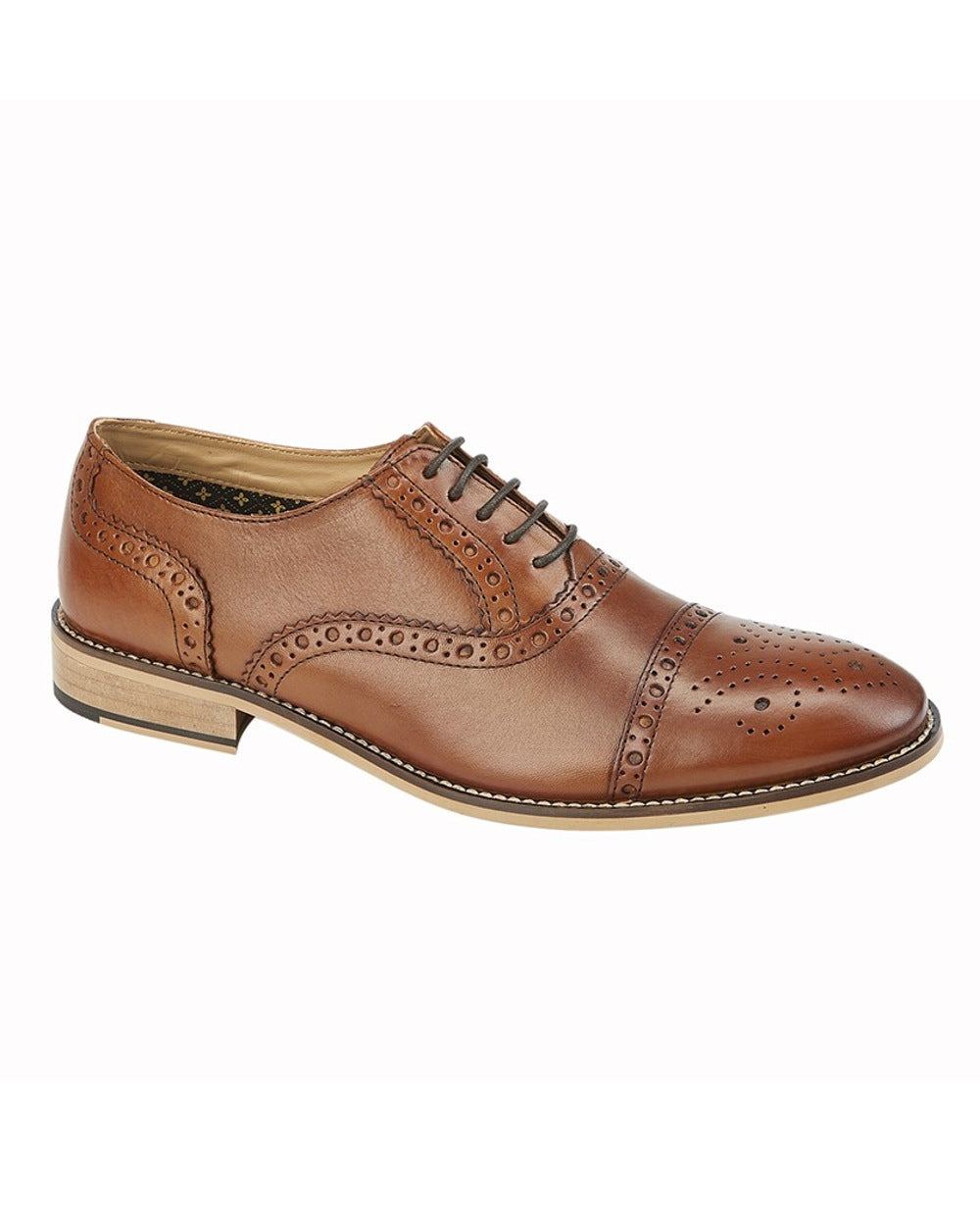 Tan coloured Roamers Mens Tan Leather Brogue Oxford Shoes on white background 