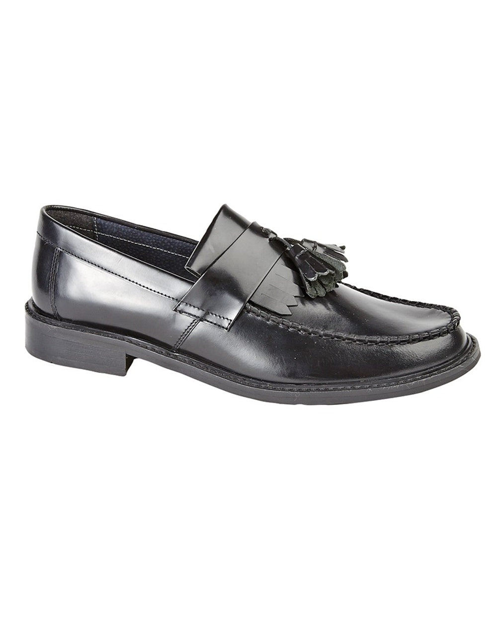 Black coloured Roamers Mens Hi-Shine Leather Toggle Saddle Loafers on white background 