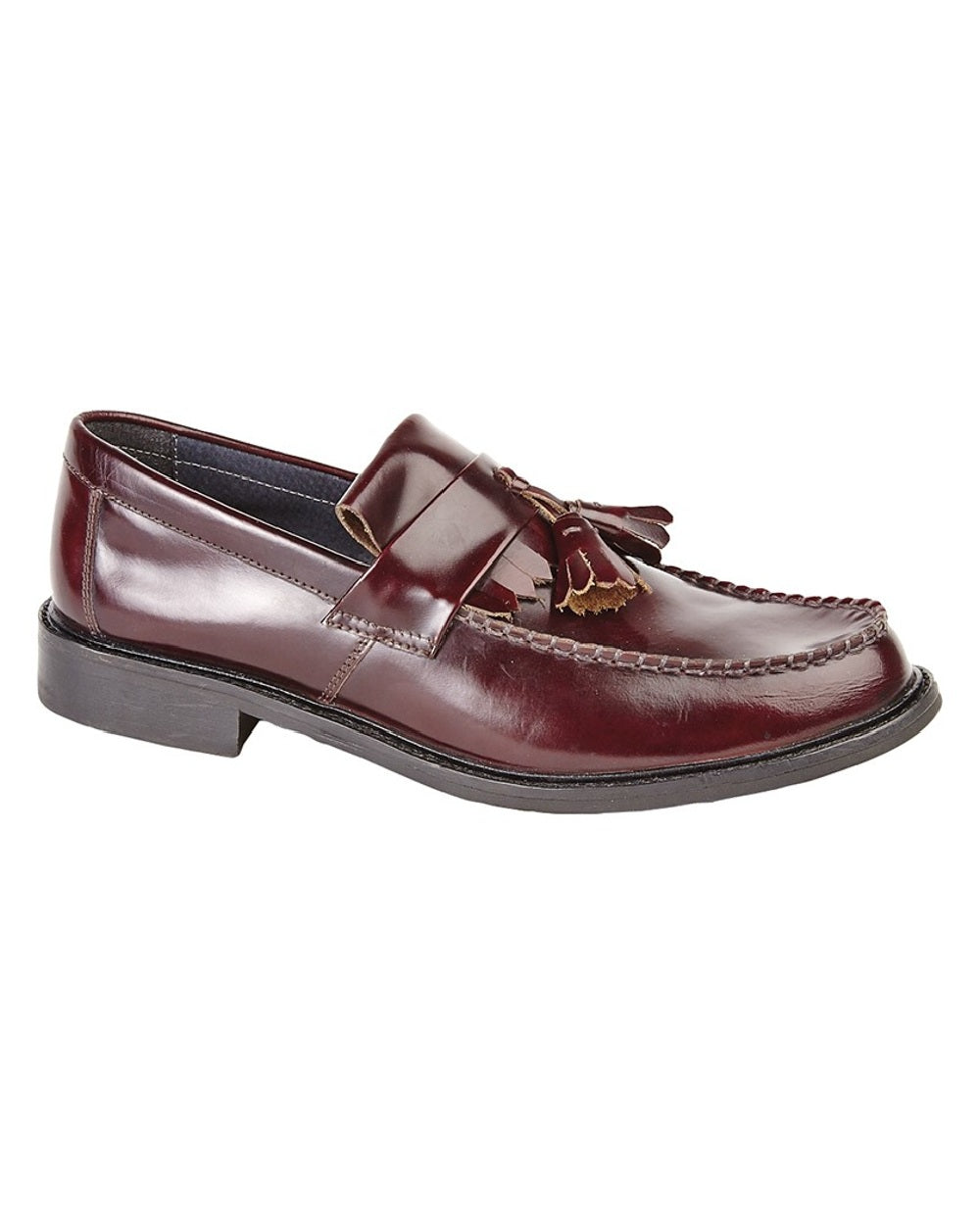 Oxblood coloured Roamers Mens Hi-Shine Leather Toggle Saddle Loafers on white background 