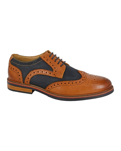 Dark Tan Navy coloured Roamers Mens Leather Brogue Shoes on white background 