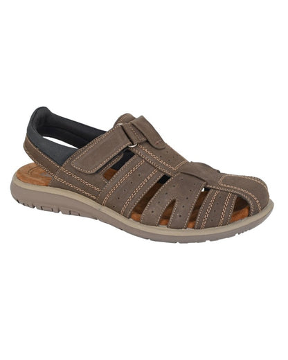 Brown coloured Roamers Mens Leather Fastening Back In Sandals on white background
