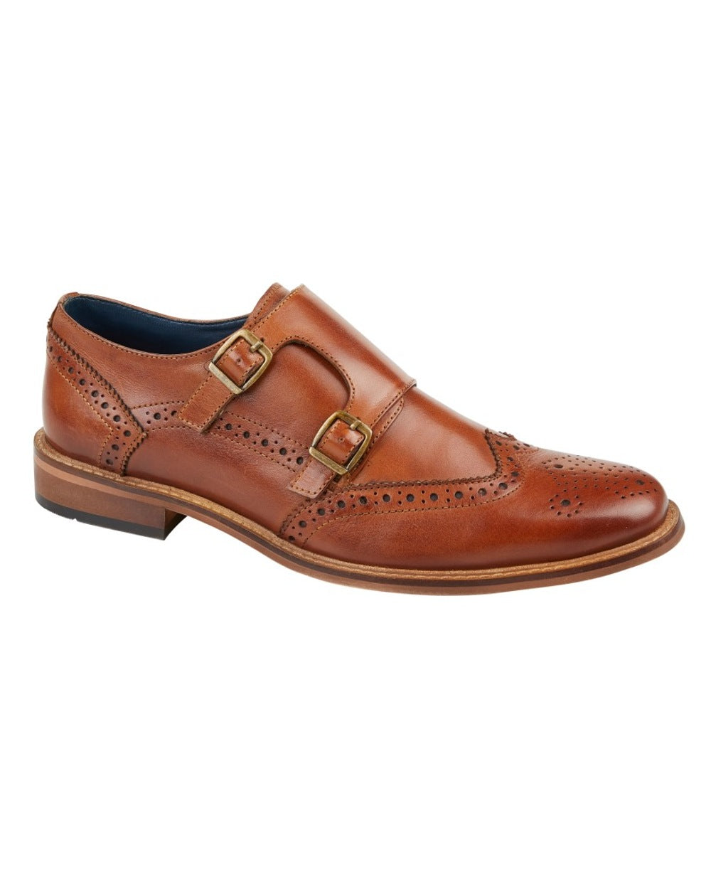 Tan coloured Roamers Mens Leather Twin Buckle Monk Shoes on white background 