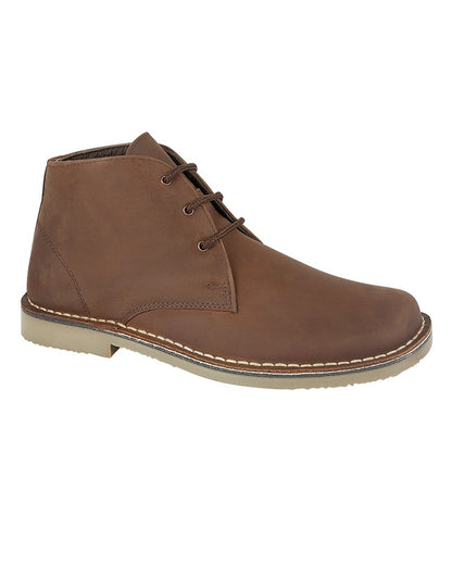 Waxy Brown coloured Roamers Mens Waxy Leather Eyelet Desert Boots on white background 