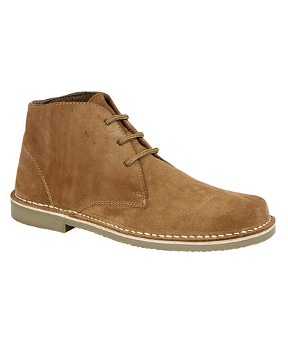 Suede Sand coloured Roamers Mens Waxy Leather Eyelet Desert Boots on white background 