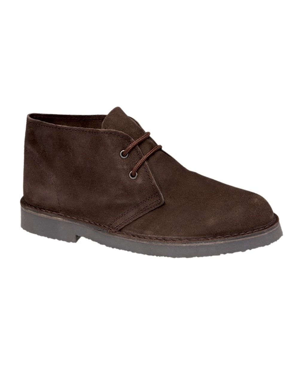 Dark Brown coloured Roamers Mens Suede Desert Boots on white background 