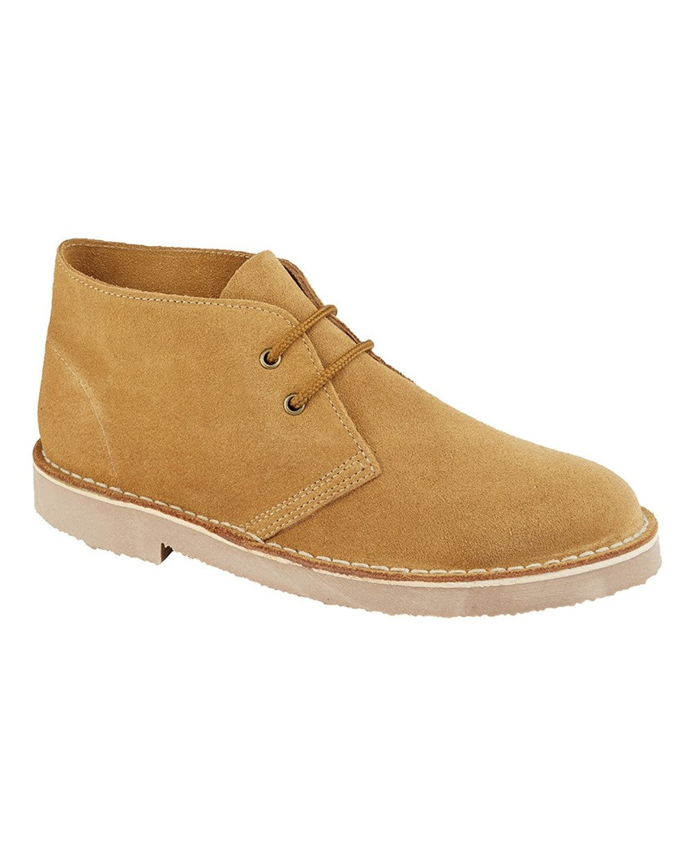 Sand coloured Roamers Mens Suede Desert Boots on white background 