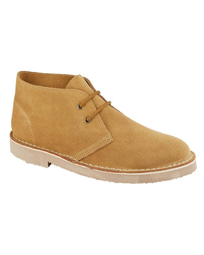 Sand coloured Roamers Mens Suede Desert Boots on white background 