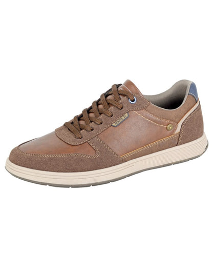 Cognac coloured Route 21 Mens 6 Eye Leisure Trainers Shoes on white background 