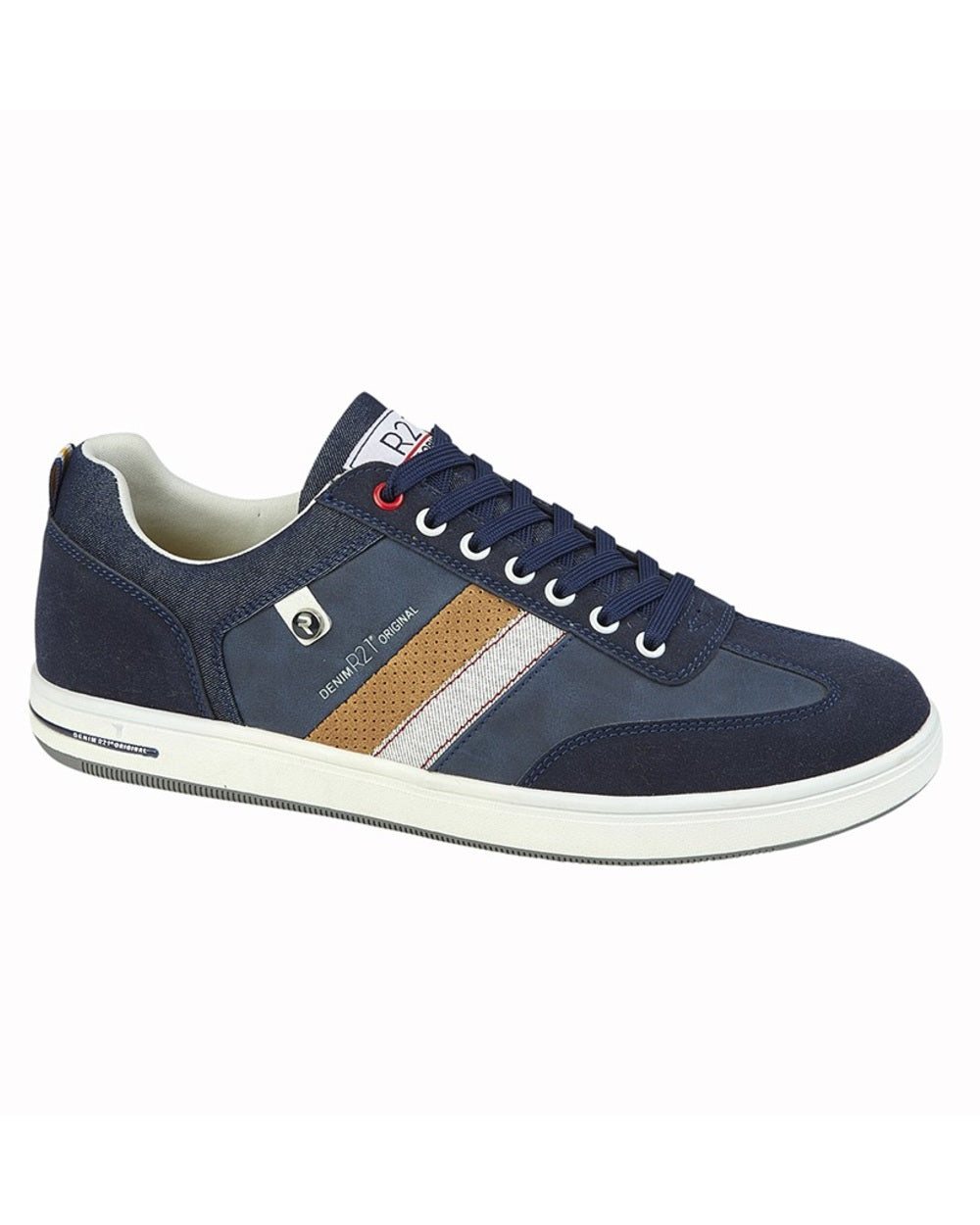 Navy coloured Route 21 Mens 7 Eye Casual Trainers on white background 