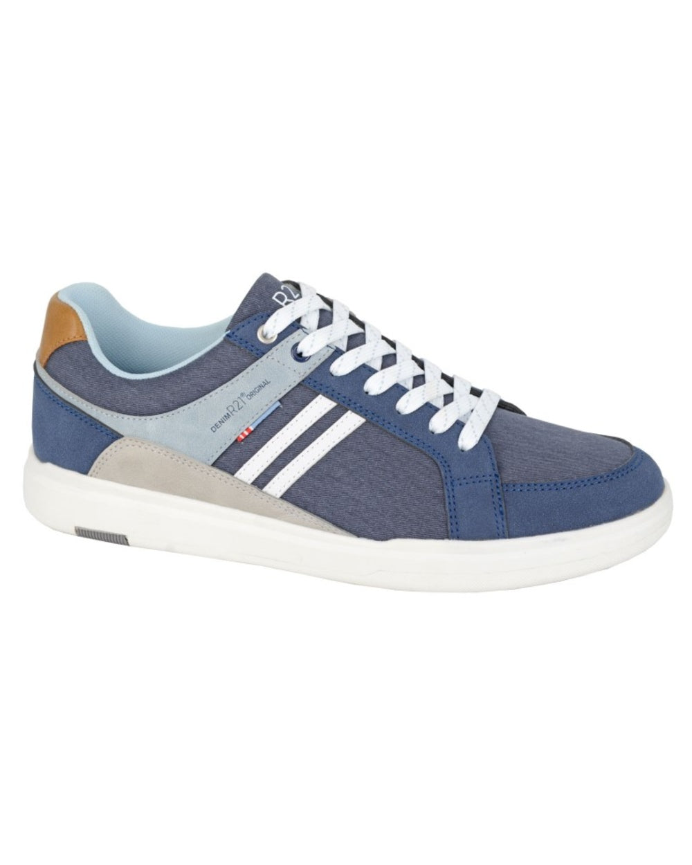Navy coloured Route 21 Mens 7 Eye Striped Leisure Shoes on white background 