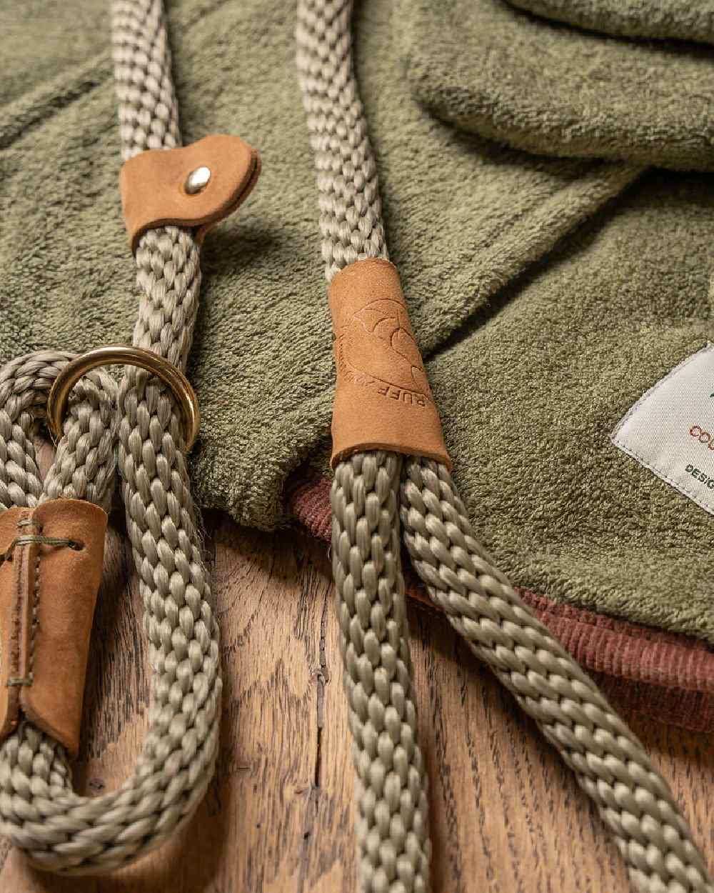 Moss Coloured Ruff &amp; Tumble Slip Dog Leads on indoor background 