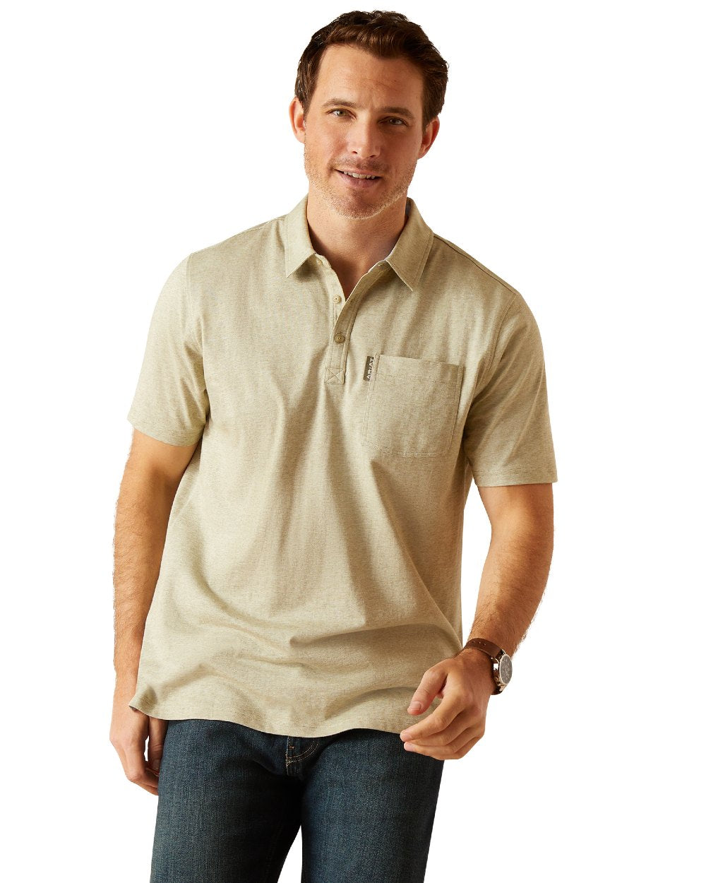 Sage Heather Coloured Ariat Mens Chorley Polo Shirt On A White Background 