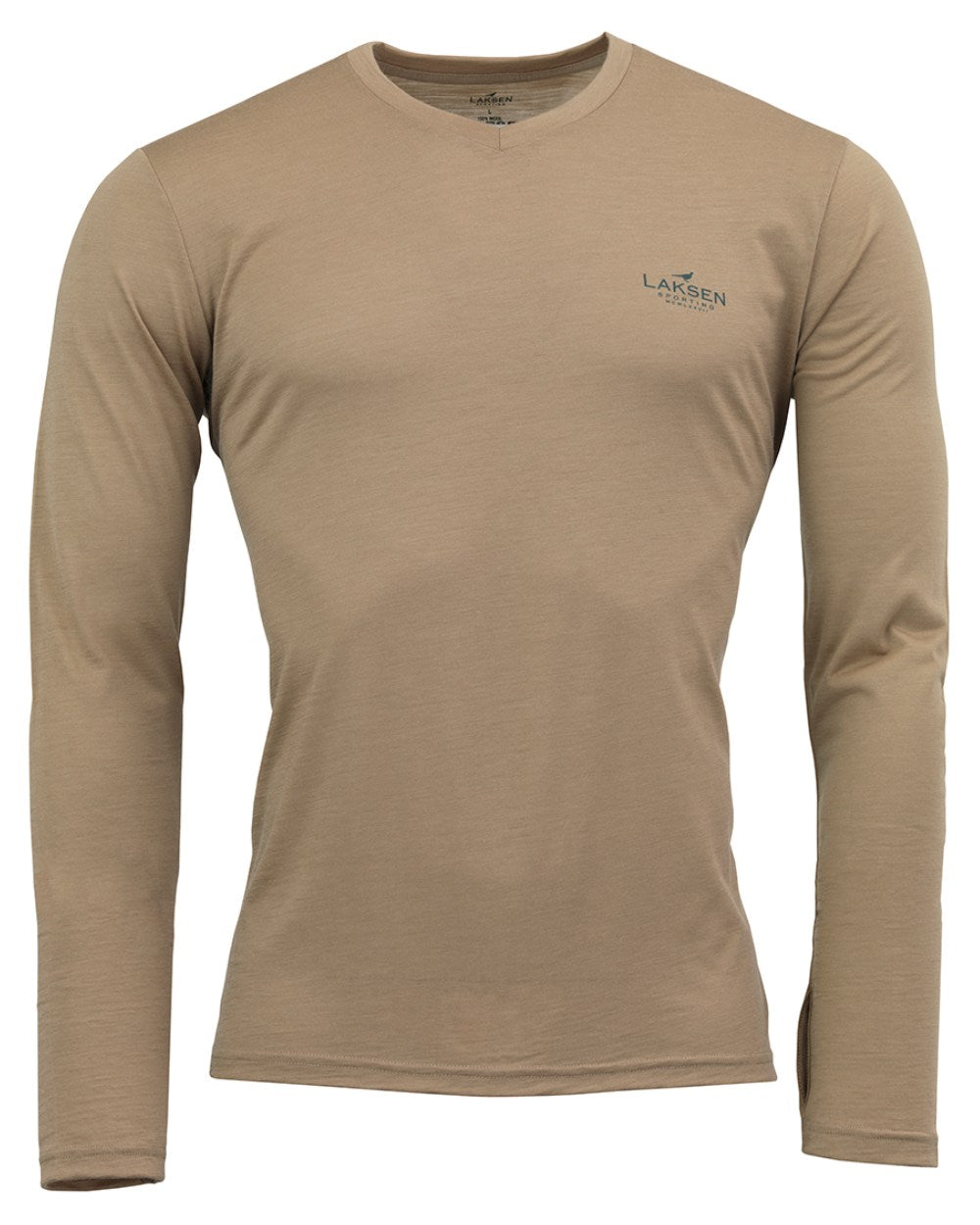 Sand Coloured Laksen Clisham Long Sleeve V-neck T-Shirt On A White Background