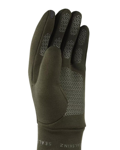 Olive Coloured Sealskinz Acle Water Repellent Nano Fleece Glove on white background 