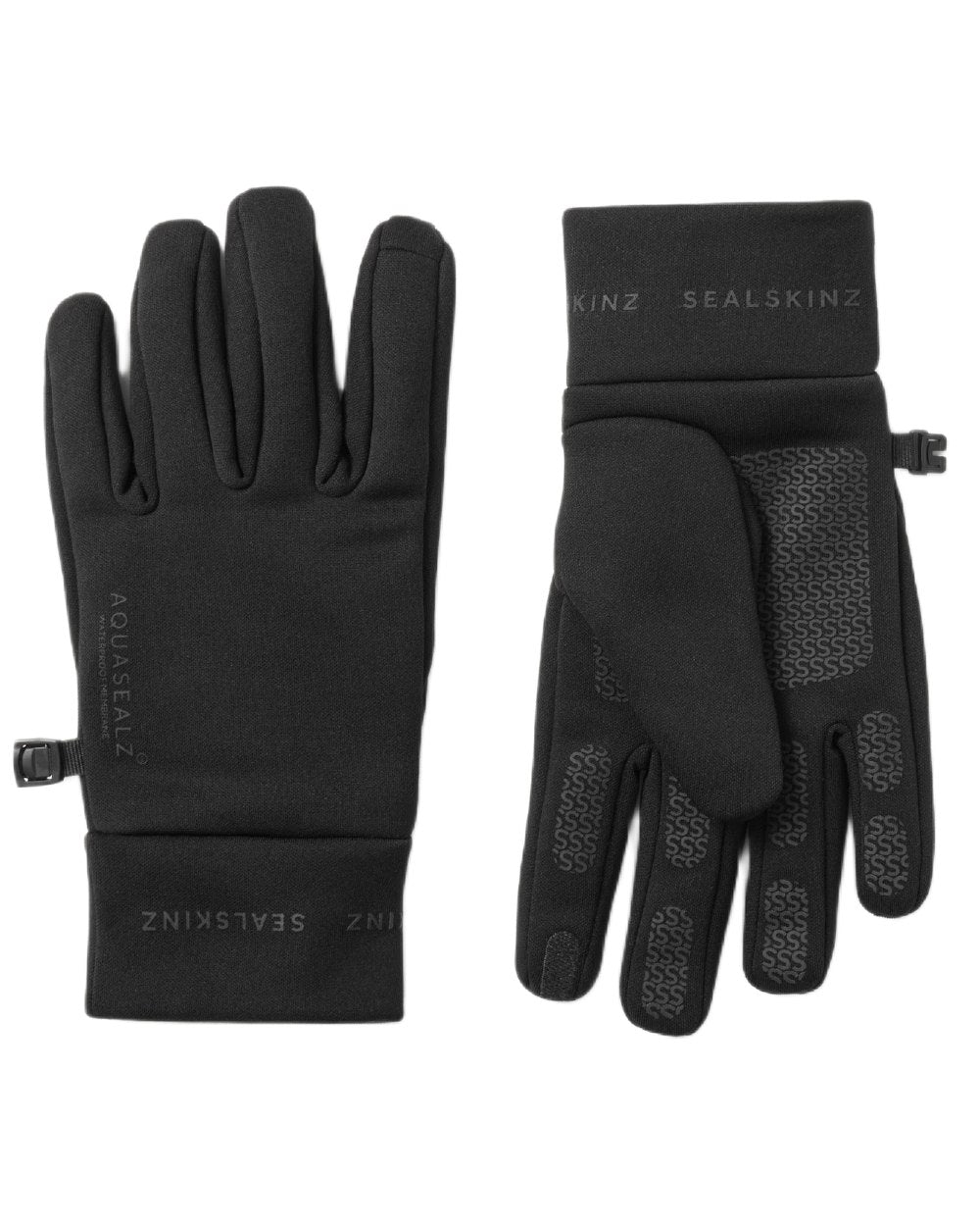 Black coloured Sealskinz Acle Waterproof Soft Shell Gloves on white background 