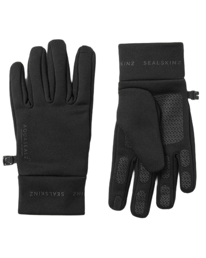 Black coloured Sealskinz Acle Waterproof Soft Shell Gloves on white background 