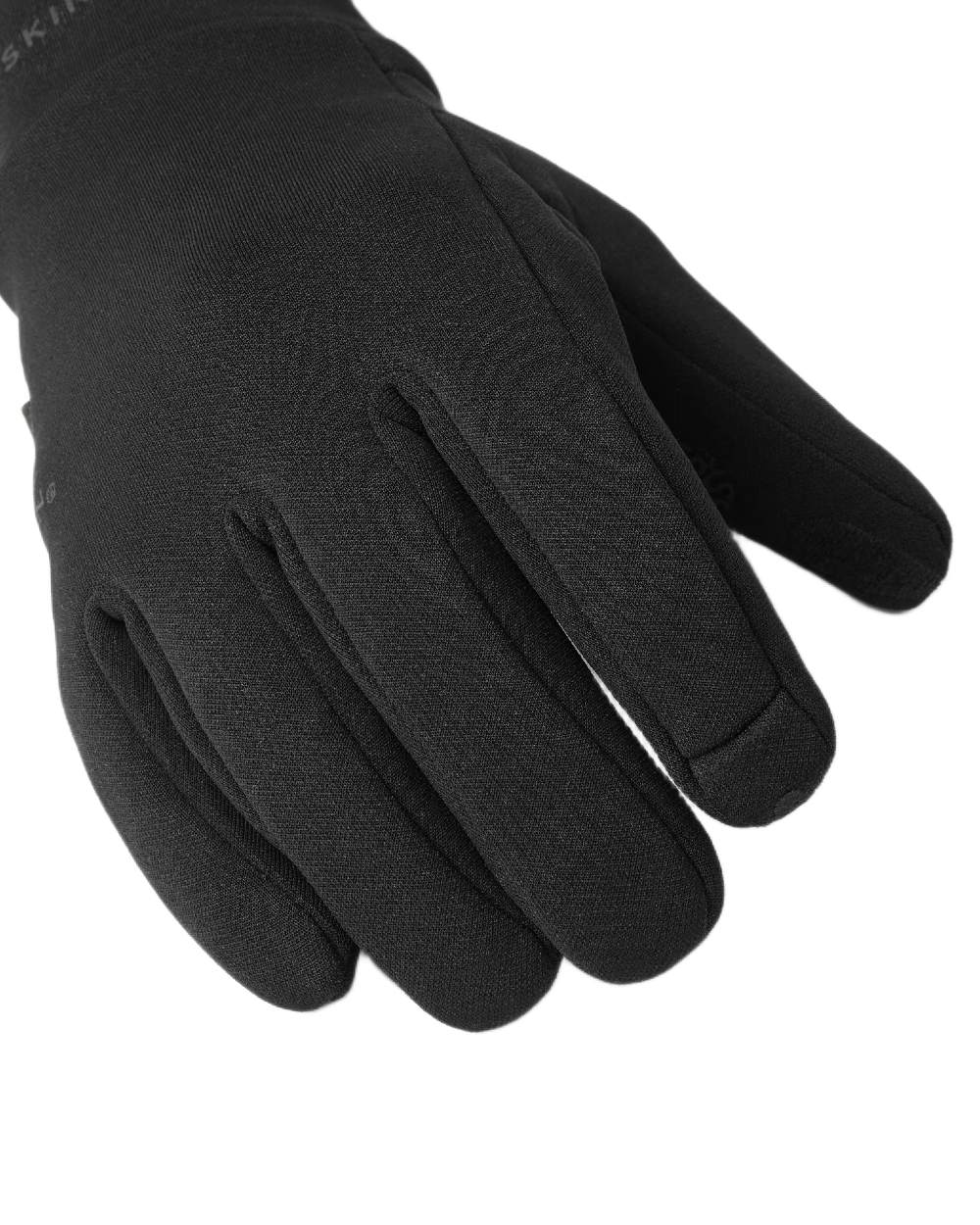 Black coloured Sealskinz Acle Waterproof Soft Shell Gloves on white background 
