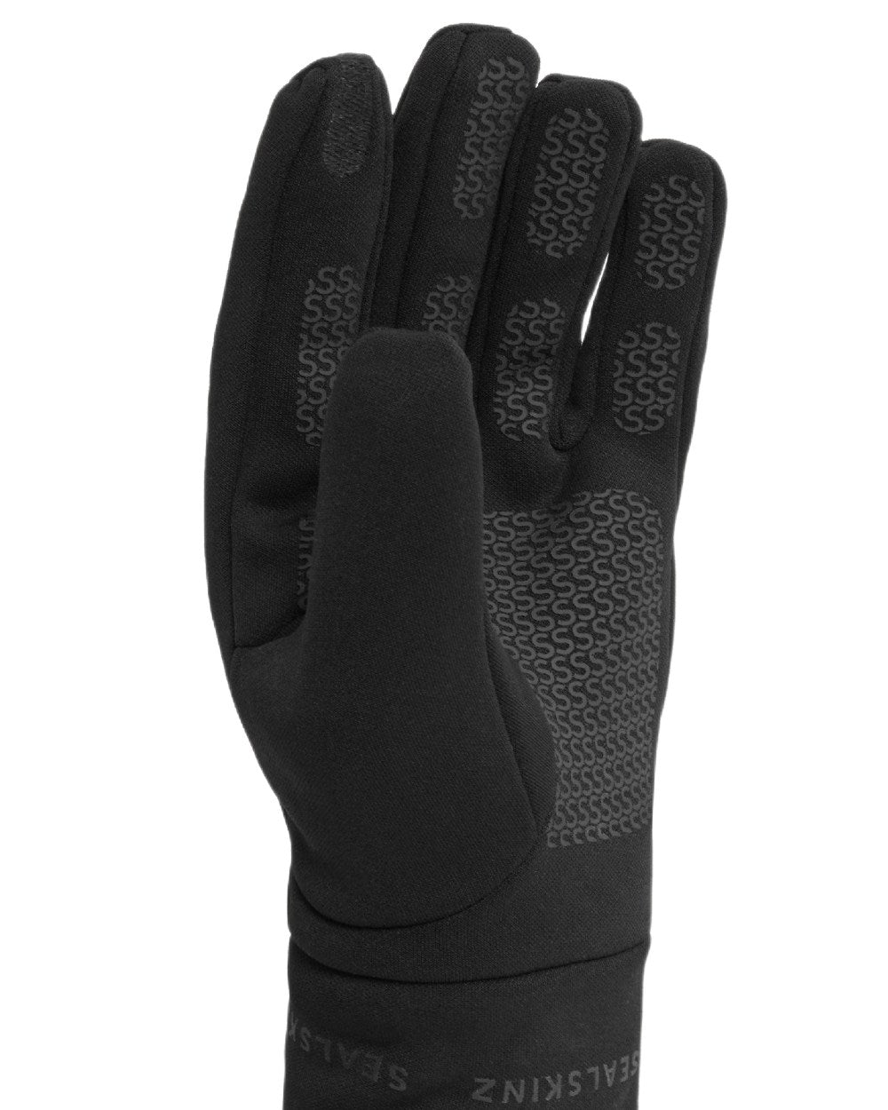 Black coloured Sealskinz Acle Waterproof Soft Shell Gloves on white background 