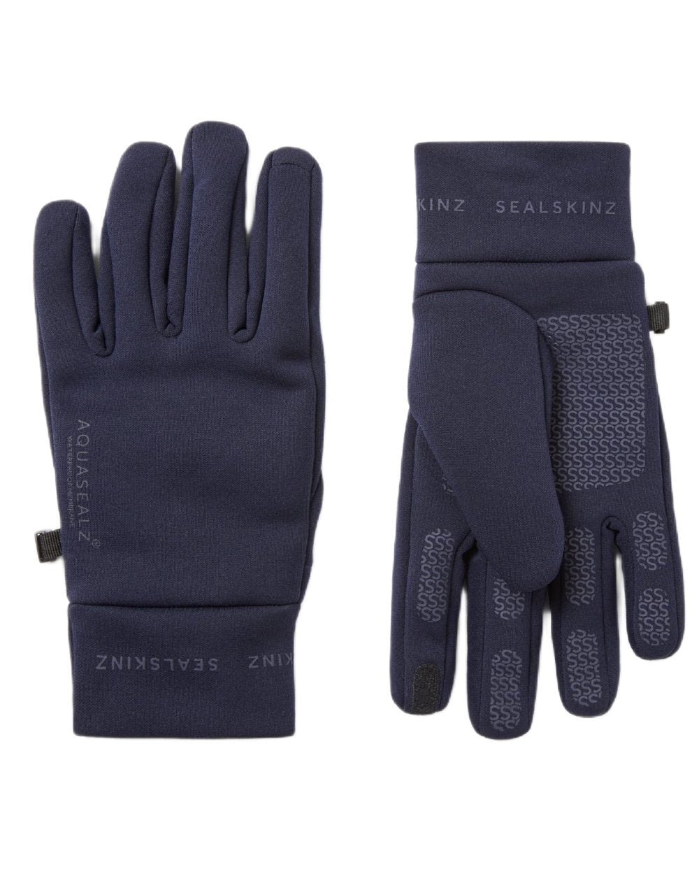 Navy coloured Sealskinz Acle Waterproof Soft Shell Gloves on white background 