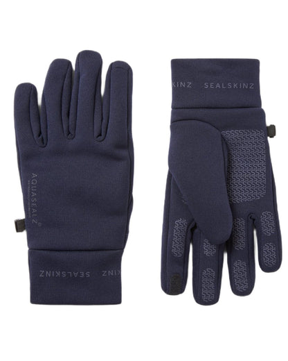 Navy coloured Sealskinz Acle Waterproof Soft Shell Gloves on white background 