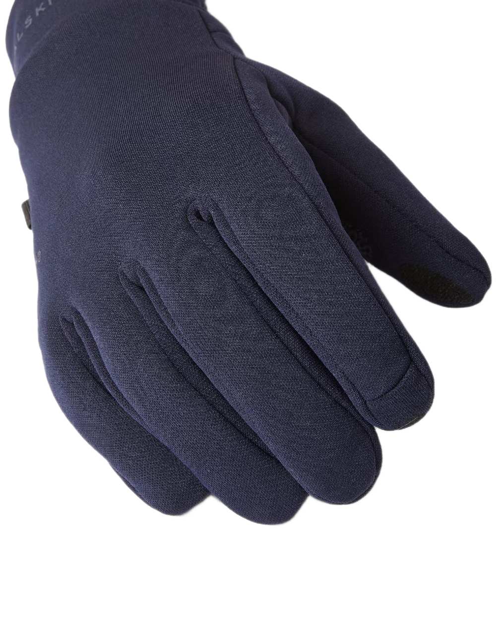 Navy coloured Sealskinz Acle Waterproof Soft Shell Gloves on white background 