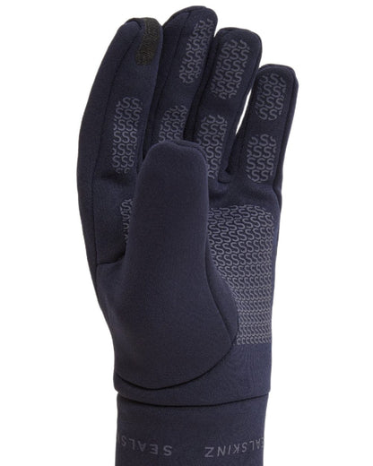 Navy coloured Sealskinz Acle Waterproof Soft Shell Gloves on white background 