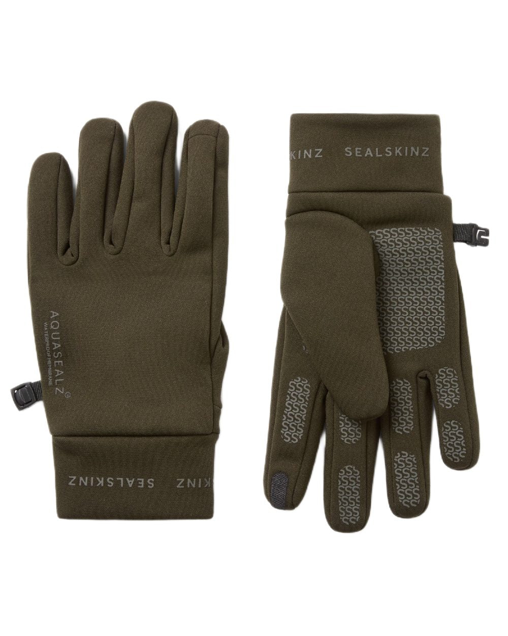 Olive coloured Sealskinz Acle Waterproof Soft Shell Gloves on white background 