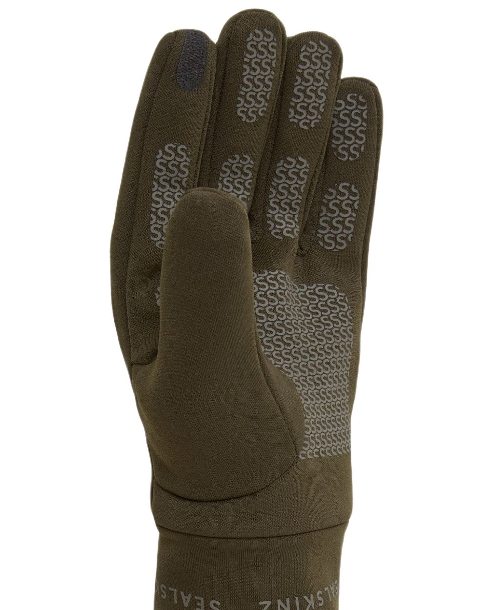 Olive coloured Sealskinz Acle Waterproof Soft Shell Gloves on white background 